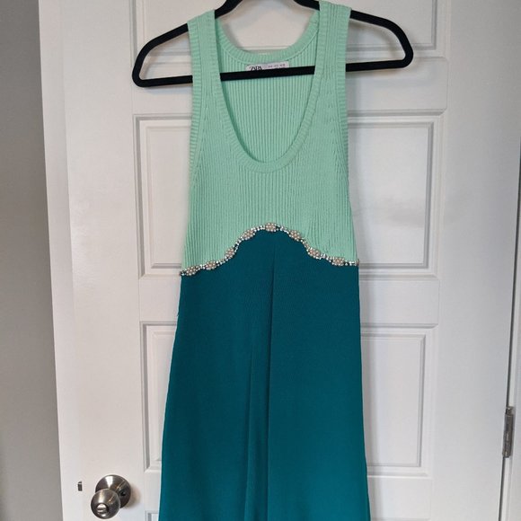 Zara Two Tone Teal & Mint Dress with Pearl Accents - Picture 2 of 9